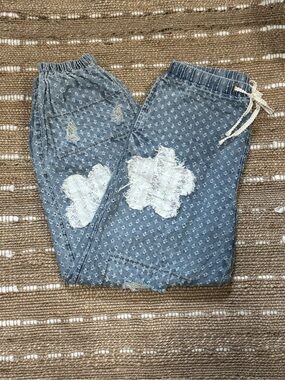 POL Light Blue Distressed Denim Jogger Jeans with Drawstring & Lace Patches Boho